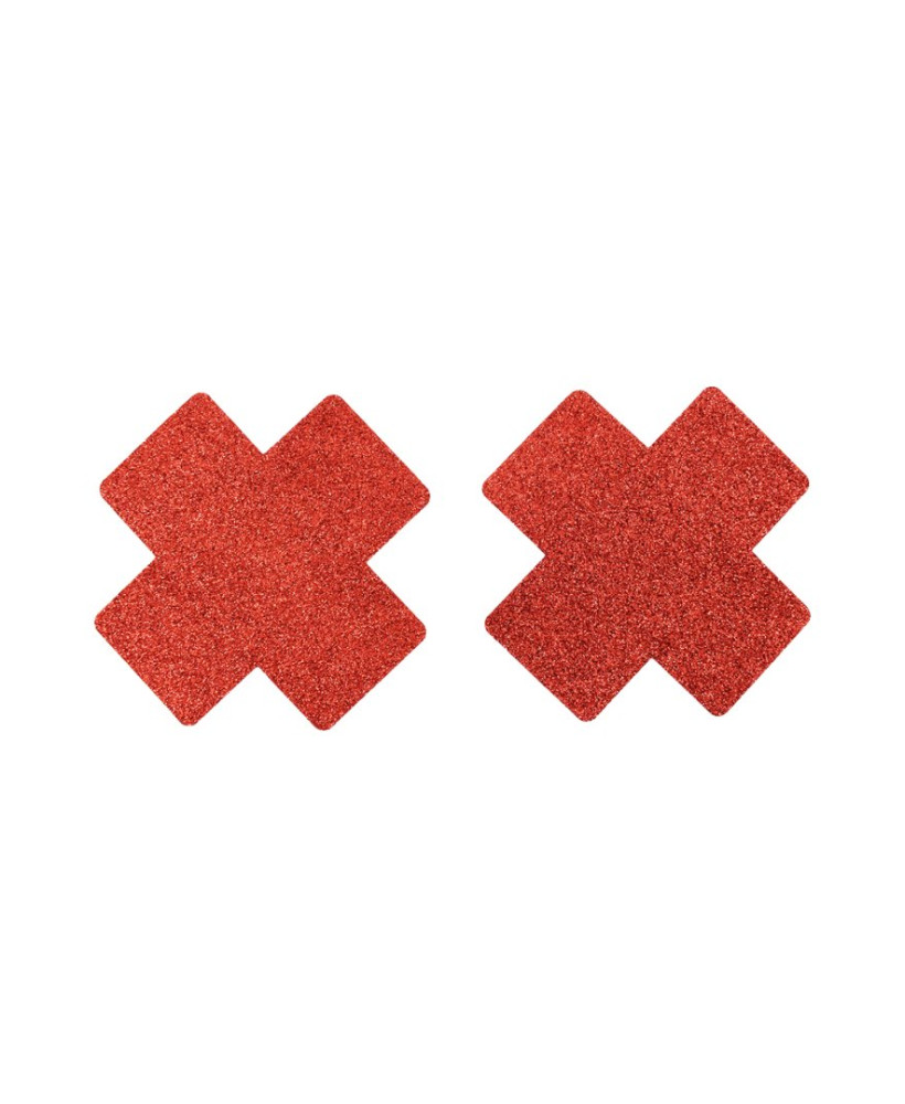 Paire de cache tétons adhésifs croix pailletée rouge 